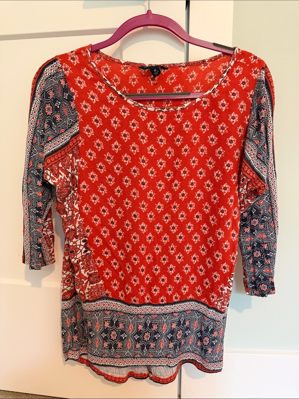 Lucky Brand Red White and Blue Patchwork Patterned Relaxed Fit 3/4 Sleeve Tee